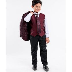 Babyhug Full Sleeves 5 Pcs Party Suit In Jacquard Blazer Waist Coat & Stretch Fit Pants - Wine