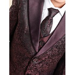 Babyhug Full Sleeves 5 Pcs Party Suit In Jacquard Blazer Waist Coat & Stretch Fit Pants - Wine