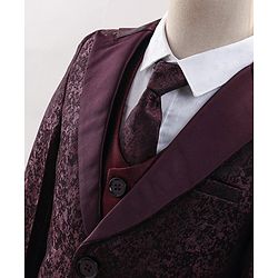 Babyhug Full Sleeves 5 Pcs Party Suit In Jacquard Blazer Waist Coat & Stretch Fit Pants - Wine