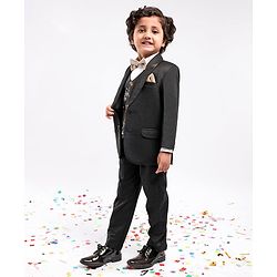 Babyhug Full Sleeves Party Wear Suit with Waistcoat & Bow - Black