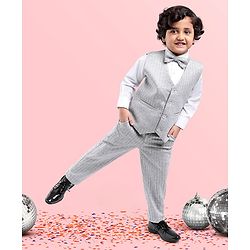 Babyhug Full Sleeves Striped Party Suit With Bow - Grey