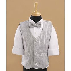 Babyhug Full Sleeves Striped Party Suit With Bow - Grey