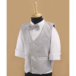 Babyhug Full Sleeves Striped Party Suit With Bow - Grey