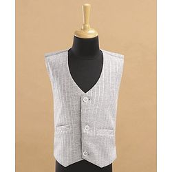 Babyhug Full Sleeves Striped Party Suit With Bow - Grey