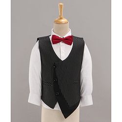 Babyhug Full Sleeves Striped Party Suit with Bow Tie - Black
