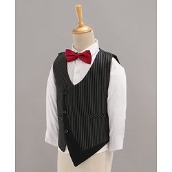 Babyhug Full Sleeves Striped Party Suit with Bow Tie - Black