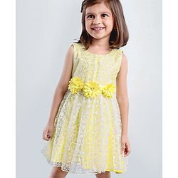 Babyhug Sleeveless Party Wear Frock Floral Embroidered - Yellow