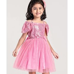 Babyhug Cap Sleeves Cold Shoulder Sequinned Party Wear Frock with Flower Applique - Pink