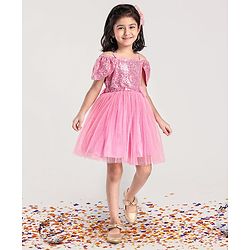 Babyhug Cap Sleeves Cold Shoulder Sequinned Party Wear Frock with Flower Applique - Pink