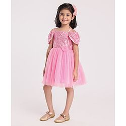 Babyhug Cap Sleeves Cold Shoulder Sequinned Party Wear Frock with Flower Applique - Pink