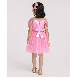 Babyhug Cap Sleeves Cold Shoulder Sequinned Party Wear Frock with Flower Applique - Pink