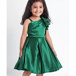 Babyhug Sleeveless Party Wear Pleated Frock Ruffle Detailing - Green