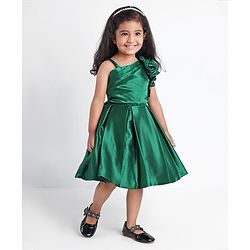 Babyhug Sleeveless Party Wear Pleated Frock Ruffle Detailing - Green