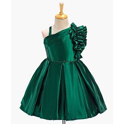 Babyhug Sleeveless Party Wear Pleated Frock Ruffle Detailing - Green