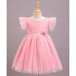 Babyhug Frill Sleeves Party Wear Mesh Frock With Sequin Detailing & Floral Corsage- Peach