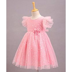 Babyhug Frill Sleeves Party Wear Mesh Frock With Sequin Detailing & Floral Corsage- Peach