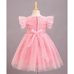 Babyhug Frill Sleeves Party Wear Mesh Frock With Sequin Detailing & Floral Corsage- Peach