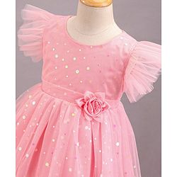Babyhug Frill Sleeves Party Wear Mesh Frock With Sequin Detailing & Floral Corsage- Peach