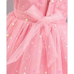 Babyhug Frill Sleeves Party Wear Mesh Frock With Sequin Detailing & Floral Corsage- Peach