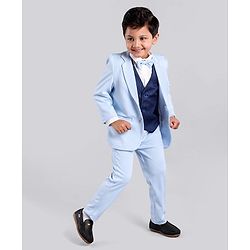 Babyhug Full Sleeves Party Wear Suit with Waistcoat & Bow - Blue