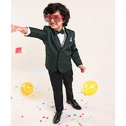 Babyhug Full Sleeves Stretch Fit Party Suit With Waist Coat & Bow - Green & Black