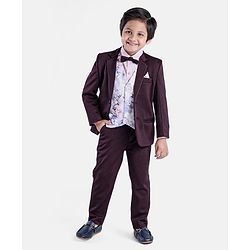 Babyhug Full Sleeves 5 Piece Stretch Fit Party Suit With Waist Coat & Bow - Maroon
