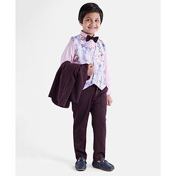 Babyhug Full Sleeves 5 Piece Stretch Fit Party Suit With Waist Coat & Bow - Maroon