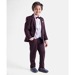 Babyhug Full Sleeves 5 Piece Stretch Fit Party Suit With Waist Coat & Bow - Maroon