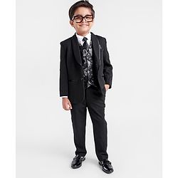 Babyhug Full Sleeves Stretch Fit Blazer & Pant With Floral Jacquard Waist Coat - Black