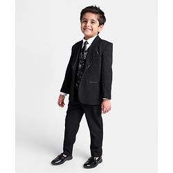 Babyhug Full Sleeves Stretch Fit Blazer & Pant With Floral Jacquard Waist Coat - Black