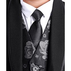 Babyhug Full Sleeves Stretch Fit Blazer & Pant With Floral Jacquard Waist Coat - Black