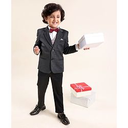 Babyhug Full Sleeves Solid & Checked Party Suit With Bow Detailing - Anthra Black