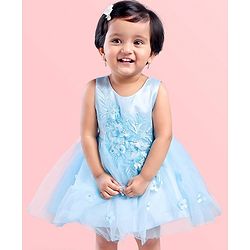 Babyhug Sleeveless Floral Embroidery Party Frock - Light Blue