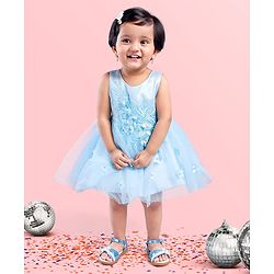 Babyhug Sleeveless Floral Embroidery Party Frock - Light Blue