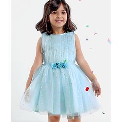 Babyhug Sleeveless Party Wear Frock with Corsage -Light Blue