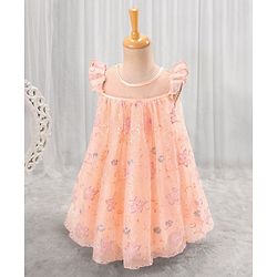 Babyhug Cap Sleeves Knee Length Party Frock Embroidered - Peach