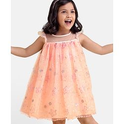 Babyhug Cap Sleeves Knee Length Party Frock Embroidered - Peach