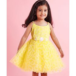 Babyhug Sleeveless Glitter Printed Party Frock - Yellow