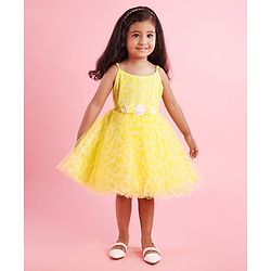 Babyhug Sleeveless Glitter Printed Party Frock - Yellow