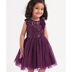 Babyhug Sleeveless Party Frock with Sequins & Corsage - Purple