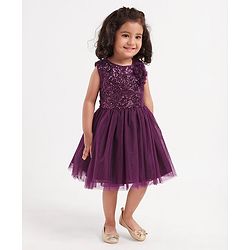 Babyhug Sleeveless Party Frock with Sequins & Corsage - Purple