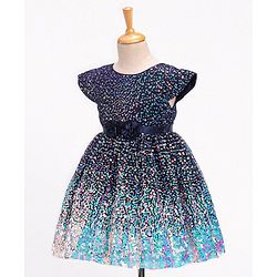 Babyhug Cap Sleeves All Over Sequinned Party Frock - Navy