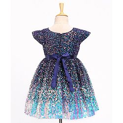 Babyhug Cap Sleeves All Over Sequinned Party Frock - Navy