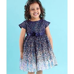 Babyhug Cap Sleeves All Over Sequinned Party Frock - Navy