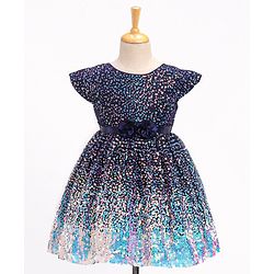Babyhug Cap Sleeves All Over Sequinned Party Frock - Navy