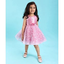 Babyhug Mesh Sleeveless  Embroidered Frock - Pink