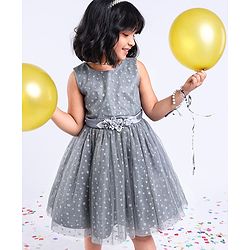 Babyhug Mesh Sleeveless Glitters Polka Dots Printed Frock - Grey