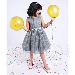 Babyhug Mesh Sleeveless Glitters Polka Dots Printed Frock - Grey
