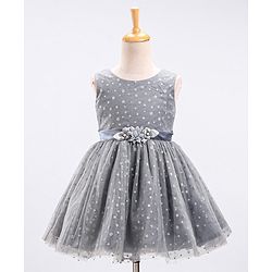 Babyhug Mesh Sleeveless Glitters Polka Dots Printed Frock - Grey