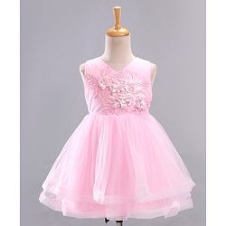 Babyhug Mesh Sleeveless Glittery Butterfly Printed Frock - Pink